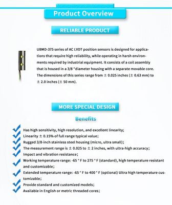 High Precision 24VDC 3Vrms Power LVDT Sensor for Micro Displacement Control System