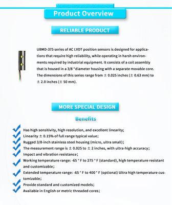 High Precision 3Vrms 24VDC Power LVDT Sensor for Micro Displacement Monitoring System