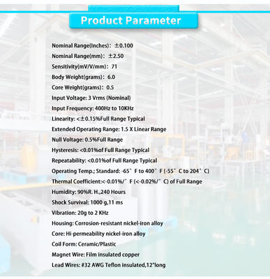 High Temperature Mini LVDT Displacement Sensor ±2.5mm Range for OEM Customized Support