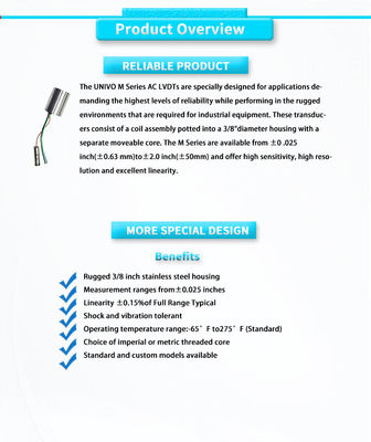 0.63mm Nominal Range UNIVO AC LVDT Displacement Sensor for High Temperature Applications