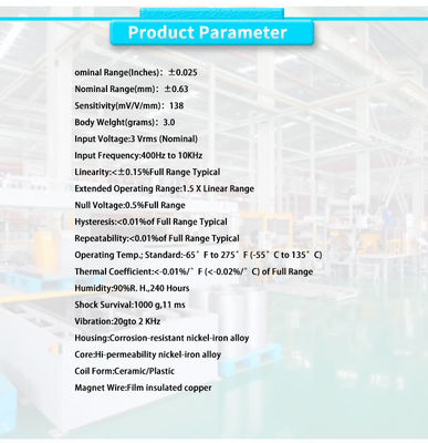0.63mm Nominal Range UNIVO AC LVDT Displacement Sensor for High Temperature Applications